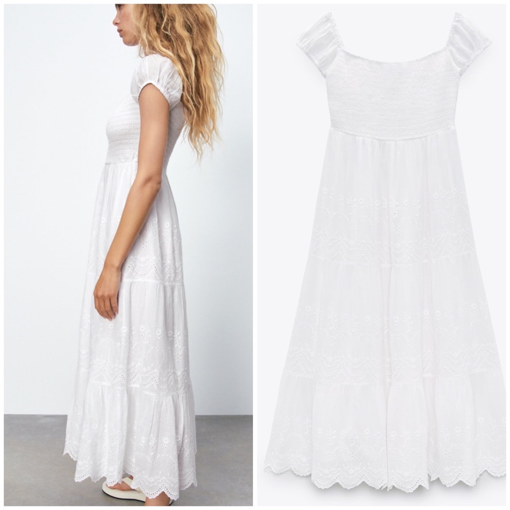 NWT ZARA OPENWORK EMBROIDERED DRESS OYSTER WHITE SIZE MEDIUM NEW SHORT SLEEVE